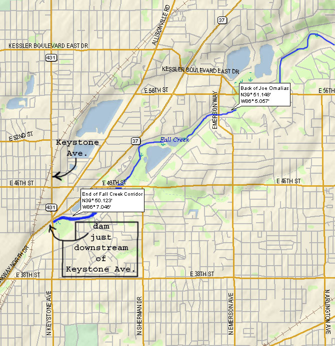 map of Fall Creek from 56th St to Keystone Ave