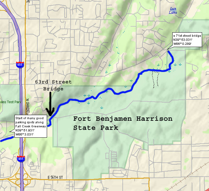 map of Fall Creek from 71st St to Fall Creek Corridor Park at Fall Creek Rd