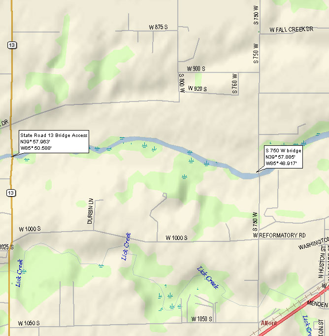 map of Fall Creek from CR S 750 W to SR 13