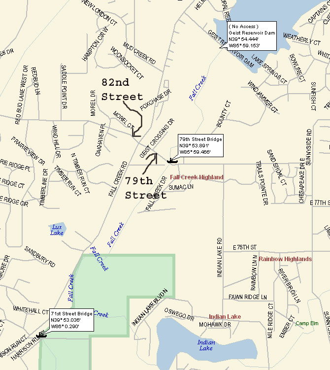 map showing Geist Dam and recommended 79th Street Bridge access point