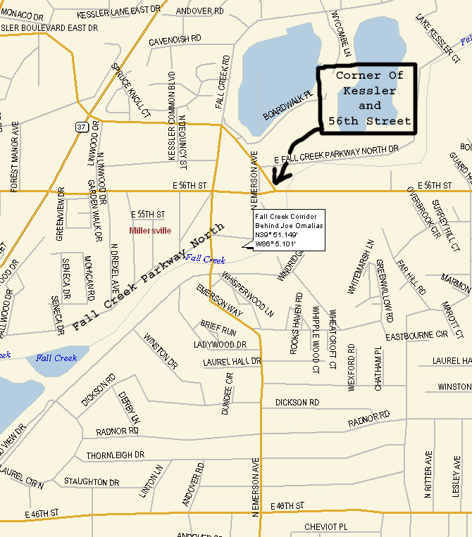 map to Fall Creek Corridor Park at 56th Street by O'Malia's