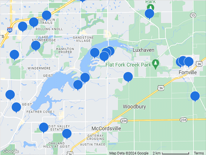 Map of vacation rentals near Fortville, Indiana and Geist Reservoir